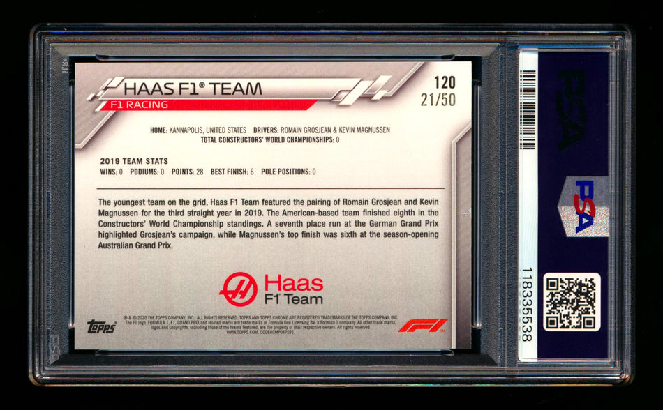 2020 Topps Chrome Sapphire F1 #120 Haas Team Logo RC Gold Refractor #21/50 PSA 8