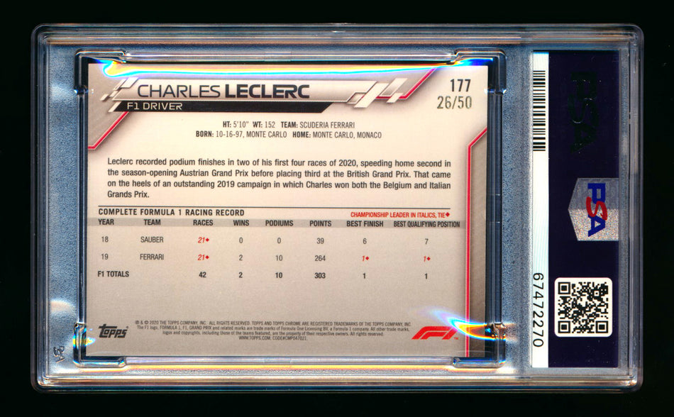 2020 Topps Chrome Sapphire F1 #177 Charles Leclerc RC Gold Refractor #26/50 PSA 8
