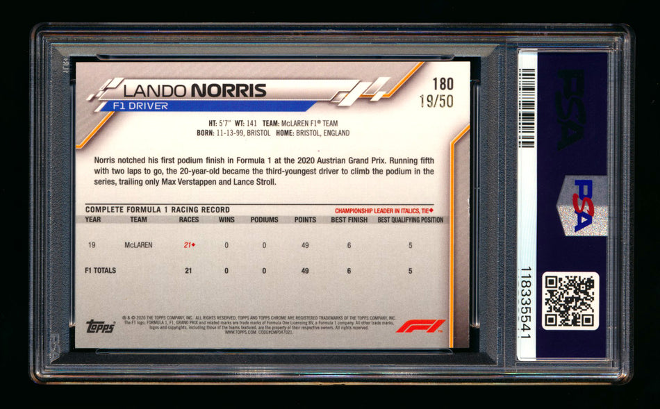 2020 Topps Chrome Sapphire F1 #180 Lando Norris RC Gold Refractor #19/50 PSA 8