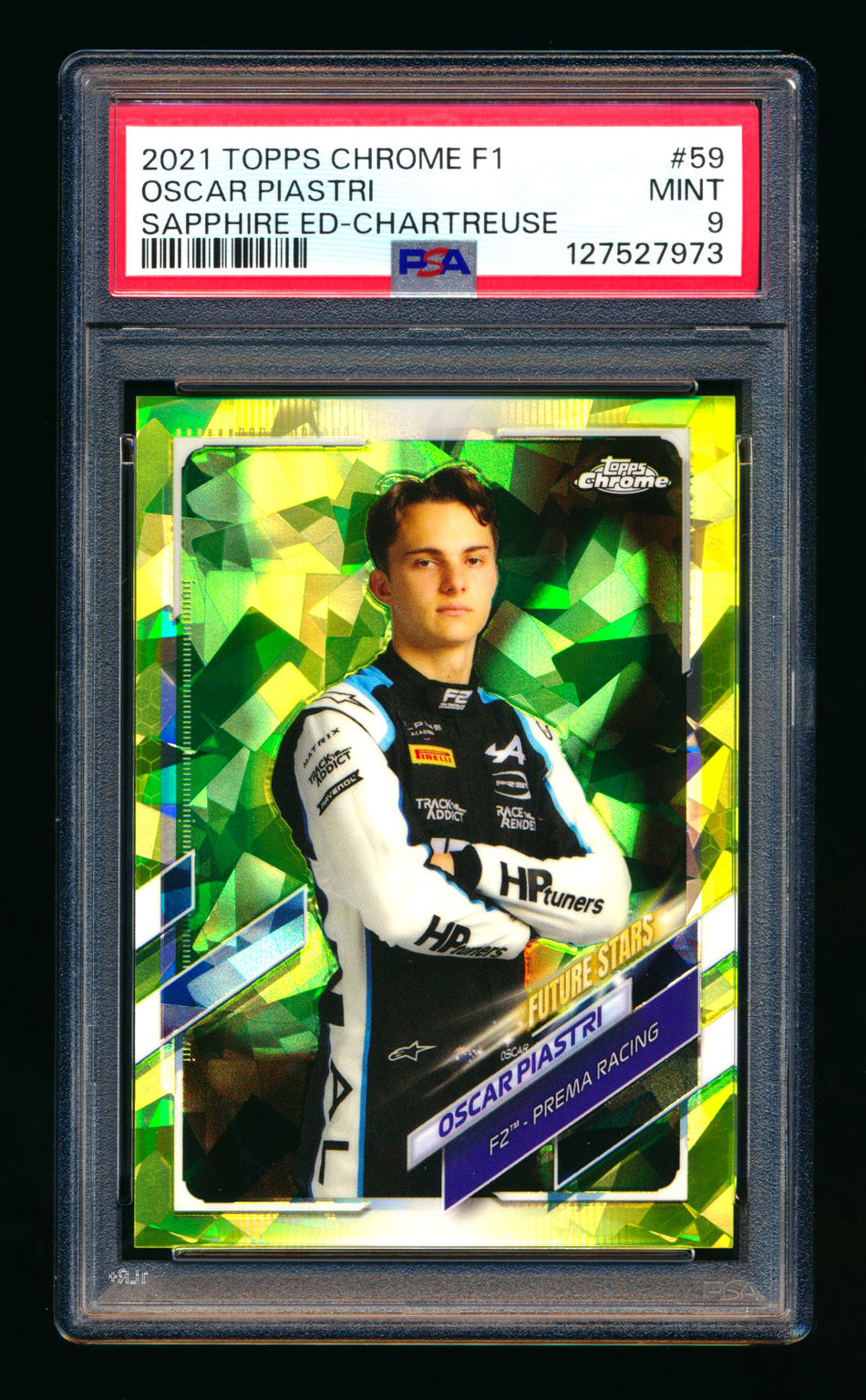 2021 Topps Chrome Sapphire F1 #59 Oscar Piastri RC Chartreuse Refractor Portrait #150/199 PSA 9