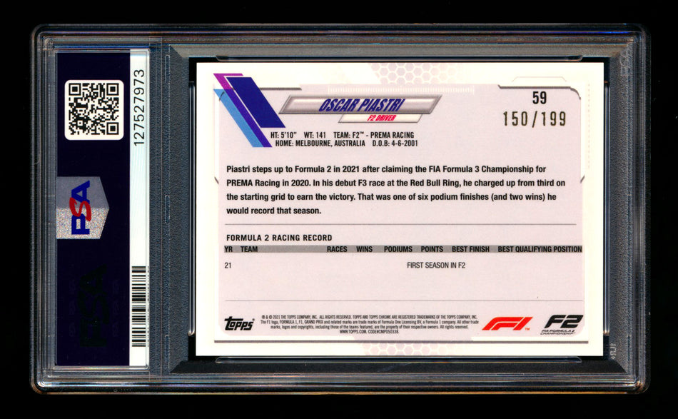 2021 Topps Chrome Sapphire F1 #59 Oscar Piastri RC Chartreuse Refractor Portrait #150/199 PSA 9