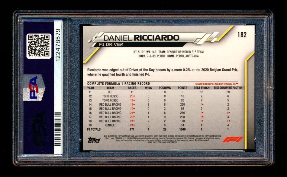 2020 Topps Chrome F1 #182 Daniel Ricciardo RC PSA 10