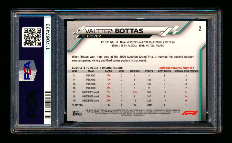2020 Topps Chrome F1 #2 Valtteri Bottas RC 70th Anniversary Gold Refractor Portrait PSA 8 ** (SOLD - $69.00 - 10/17/2025) **