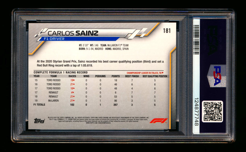 2020 Topps Chrome F1 #181 Carlos Sainz RC 70th Anniversary Gold Refractor PSA 8 ** (SOLD - $59.00 - 2/20/2026) **