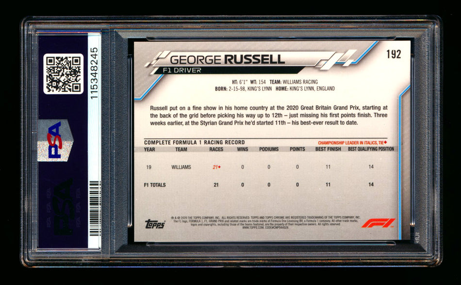 2020 Topps Chrome F1 #192 George Russell RC 70th Anniversary Gold Refractor PSA 8 ** (SOLD eBay - $119.00 - 1/10/2026) **