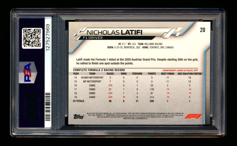 2020 Topps Chrome F1 #20 Nicholas Latifi RC 70th Anniversary Orange Refractor Portrait PSA 8 ** (SOLD eBay - $109.00 - 10/28/2025) **