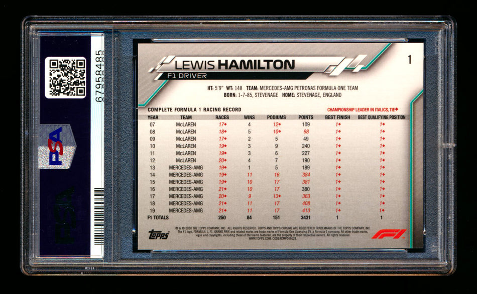 2020 Topps Chrome F1 #1 Lewis Hamilton RC Portrait PSA 9 ** (SOLD eBay - $65.00 - 11/1/2025) **