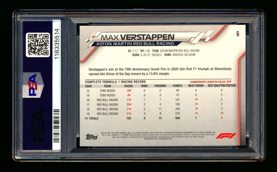 2020 Topps Chrome Sapphire F1 #6 Max Verstappen RC Refractor Image Variation SP PSA 10