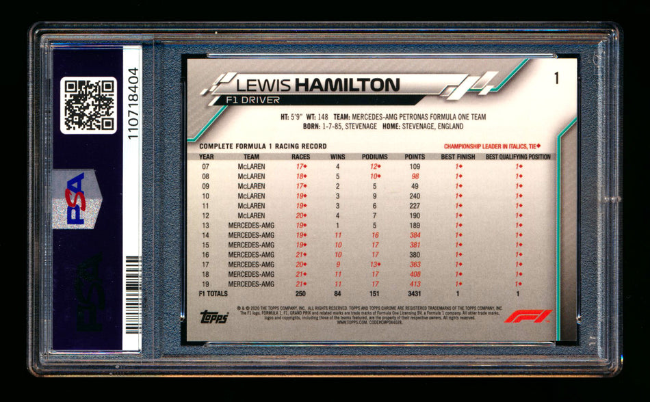 2020 Topps Chrome F1 #1 Lewis Hamilton RC Portrait PSA 10 ** (SOLD - $185.00 - 10/17/2025) **