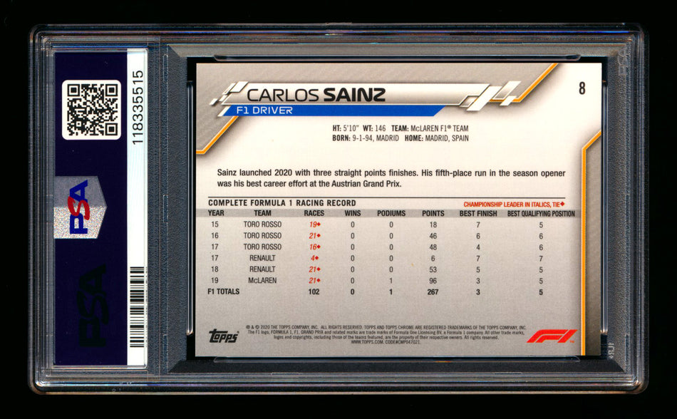 2020 Topps Chrome Sapphire F1 #8 Carlos Sainz RC Refractor Portrait PSA 10