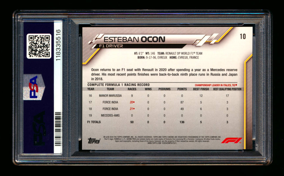 2020 Topps Chrome Sapphire F1 #10 Esteban Ocon RC Refractor Portrait PSA 10