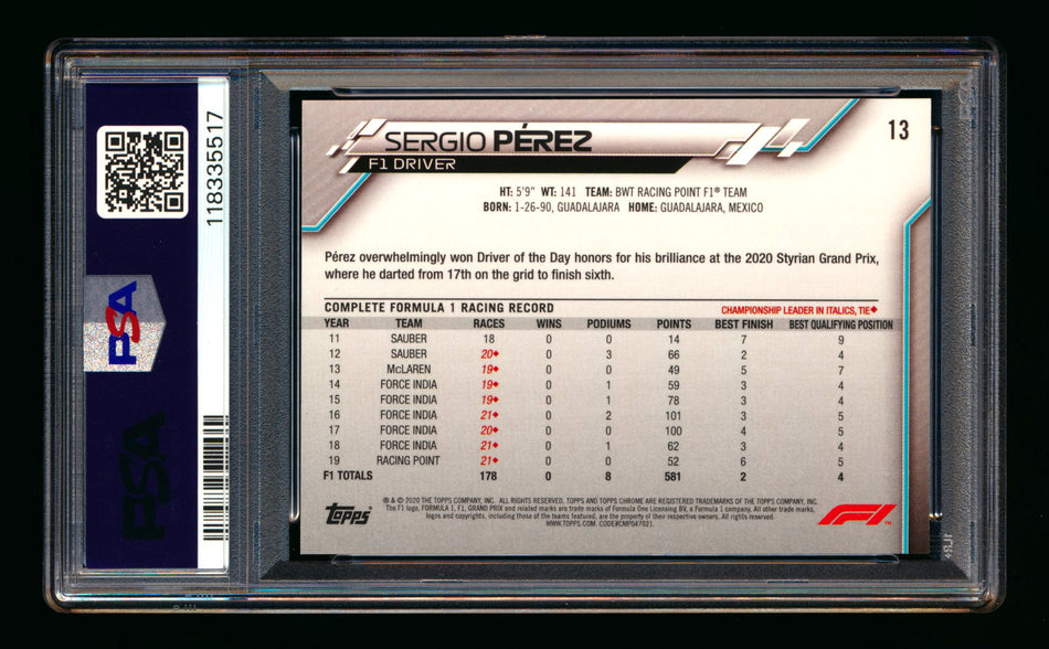 2020 Topps Chrome Sapphire F1 #13 Sergio Perez RC Refractor Portrait PSA 10