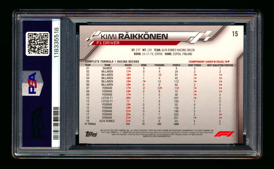 2020 Topps Chrome Sapphire F1 #15 Kimi Raikkonen RC Refractor Portrait PSA 10
