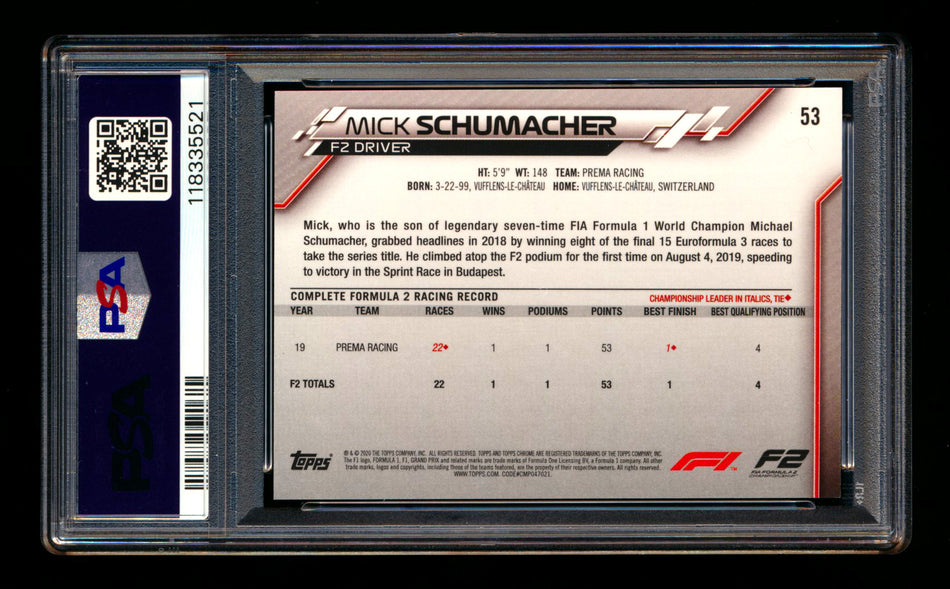 2020 Topps Chrome Sapphire F1 #53 Mick Schumacher RC Refractor PSA 10