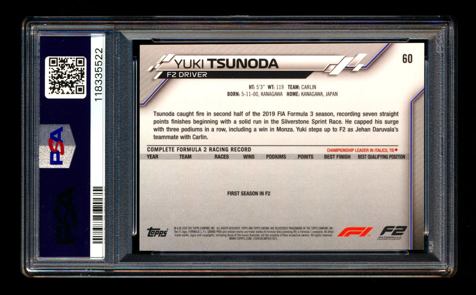 2020 Topps Chrome Sapphire F1 #60 Yuki Tsunoda RC Refractor PSA 10