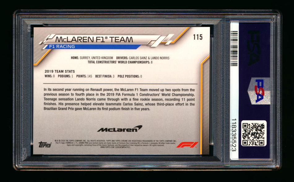 2020 Topps Chrome Sapphire F1 #115 McLaren Team Logo RC Refractor PSA 10