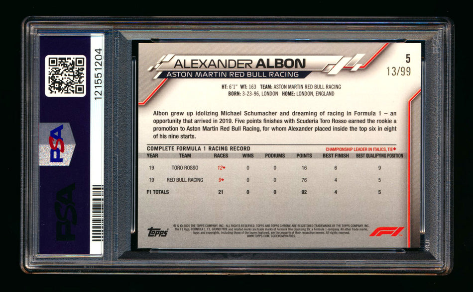 2020 Topps Chrome Sapphire F1 #5 Alexander Albon RC Aqua Refractor Image Variation SP #13/99 PSA 8
