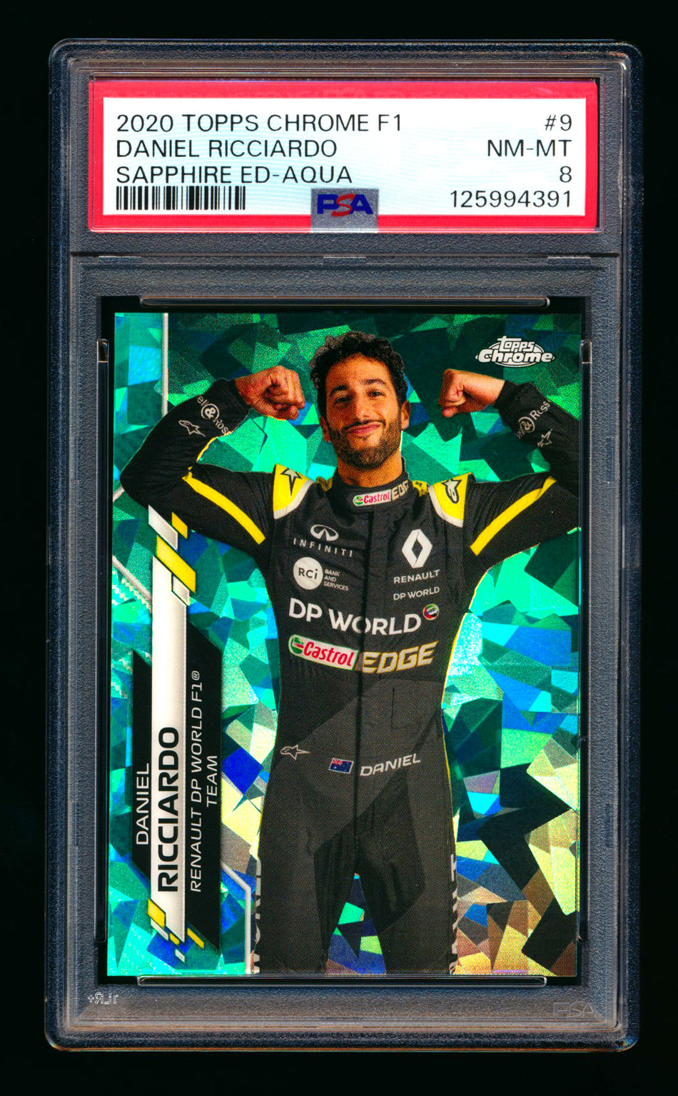 2020 Topps Chrome Sapphire F1 #9 Daniel Ricciardo RC Aqua Refractor Portrait #37/99 PSA 8