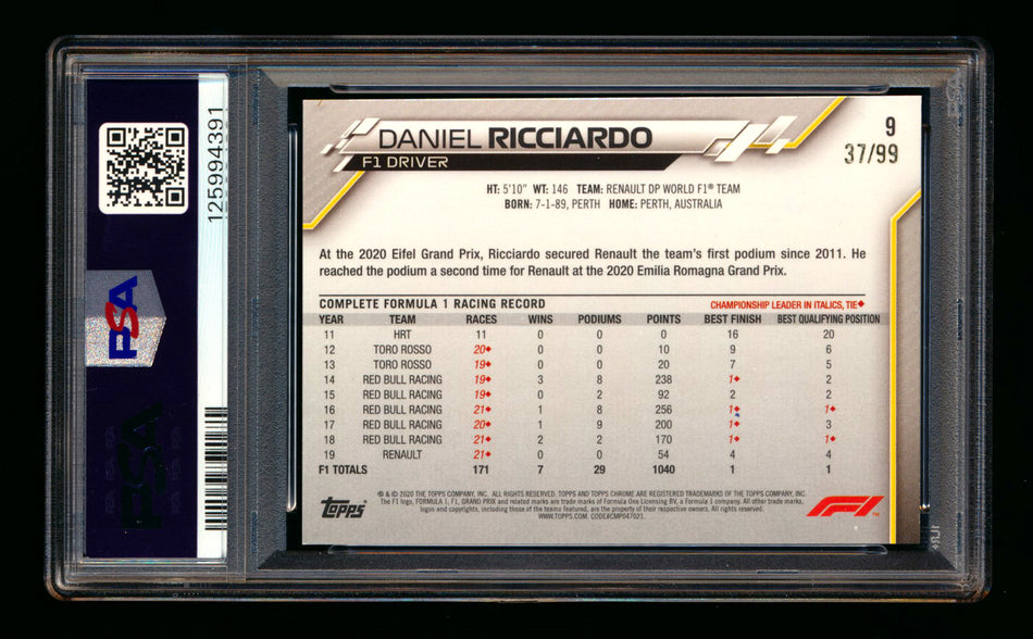 2020 Topps Chrome Sapphire F1 #9 Daniel Ricciardo RC Aqua Refractor Portrait #37/99 PSA 8
