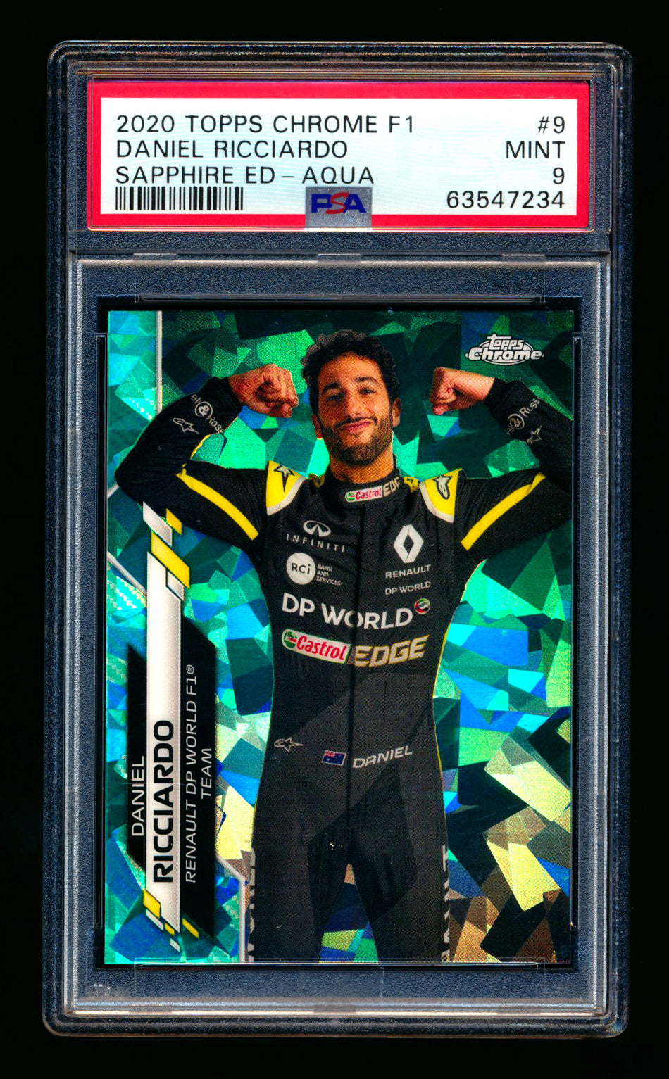 2020 Topps Chrome Sapphire F1 #9 Daniel Ricciardo RC Aqua Refractor Portrait #30/99 PSA 9