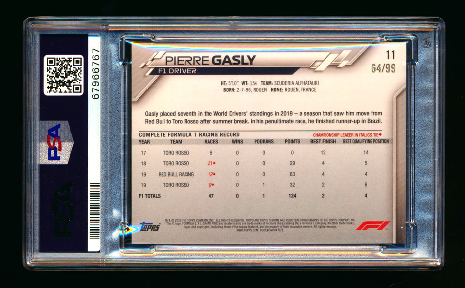 2020 Topps Chrome Sapphire F1 #11 Pierre Gasly RC Aqua Refractor Portrait #64/99 PSA 10