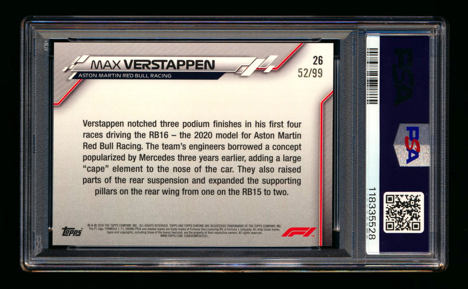 2020 Topps Chrome Sapphire F1 #26 Max Verstappen RC Aqua Refractor #52/99 PSA 9