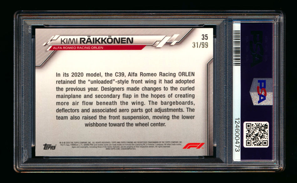 2020 Topps Chrome Sapphire F1 #35 Kimi Raikkonen RC Aqua Refractor #31/99 PSA 8