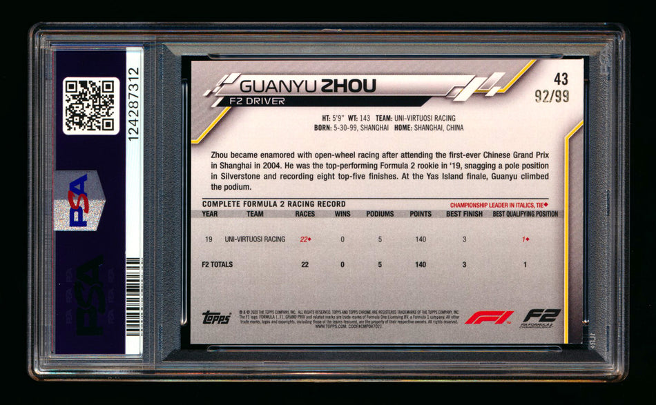2020 Topps Chrome Sapphire F1 #43 Guanyu Zhou RC Aqua Refractor #92/99 PSA 9