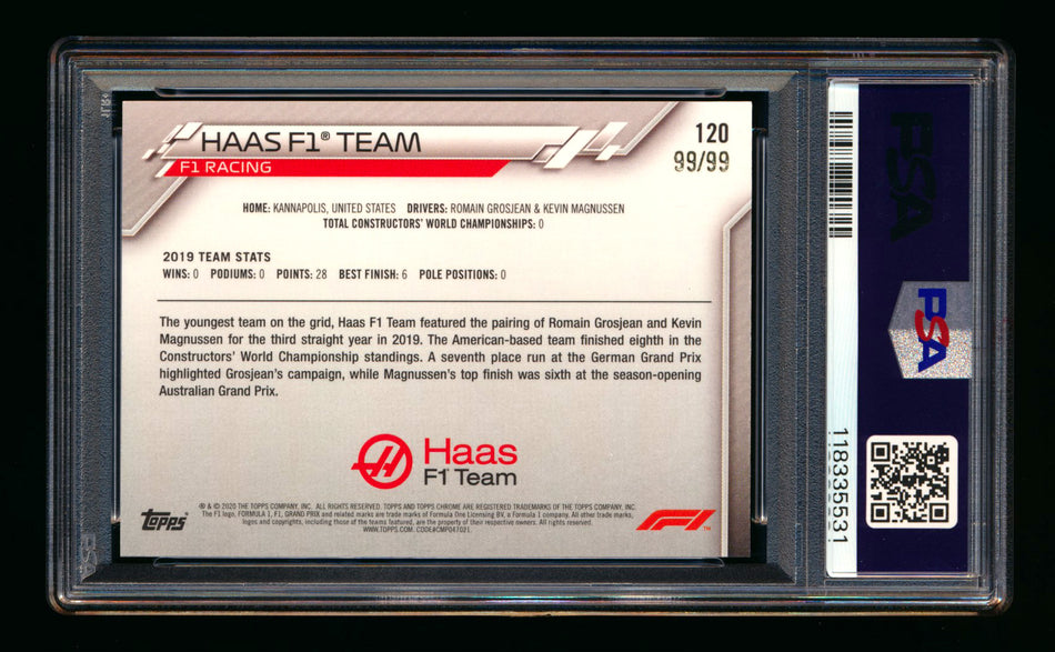2020 Topps Chrome Sapphire F1 #120 Haas Team Logo RC Aqua Refractor #99/99 PSA 8 (Last #!)