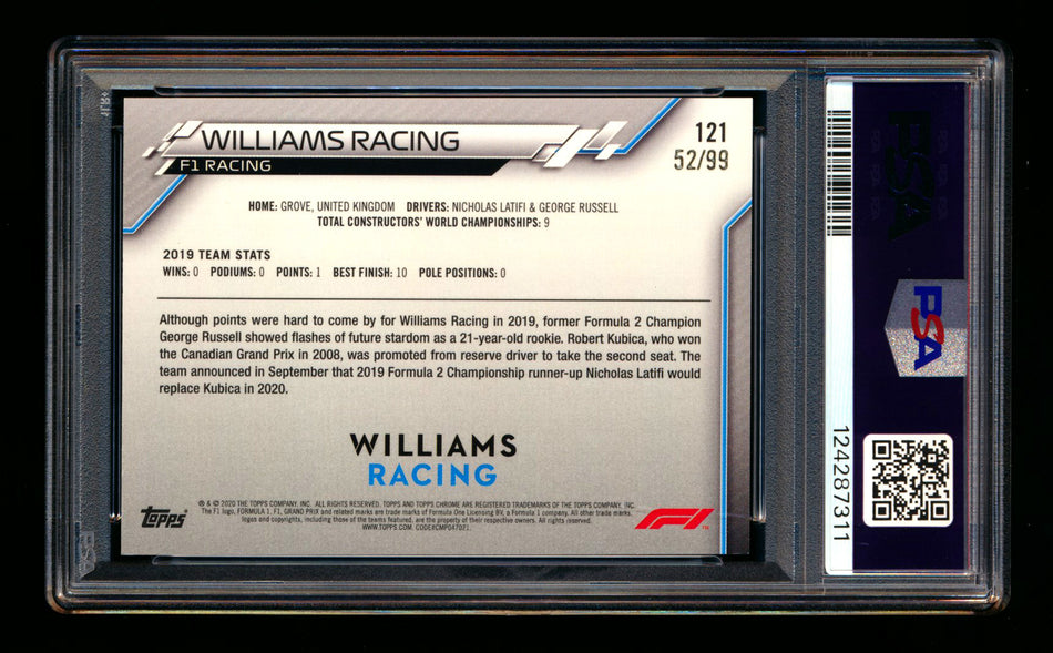 2020 Topps Chrome Sapphire F1 #121 Williams Team Logo RC Aqua Refractor #52/99 PSA 9