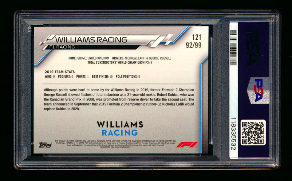 2020 Topps Chrome Sapphire F1 #121 Williams Team Logo RC Aqua Refractor #92/99 PSA 9