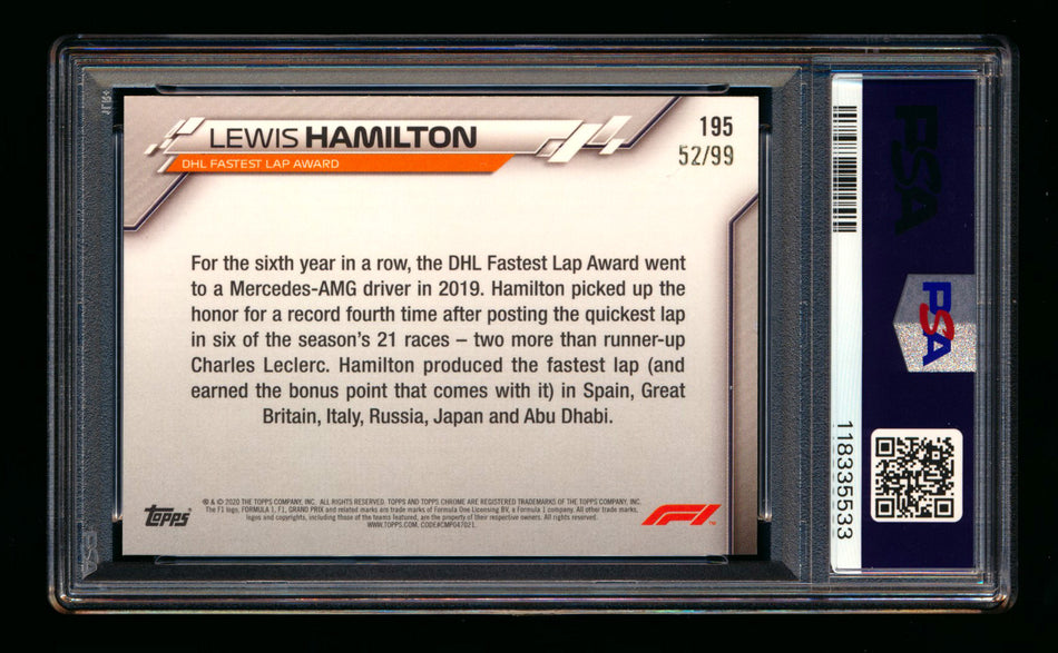 2020 Topps Chrome Sapphire F1 #195 Lewis Hamilton RC Aqua Refractor #52/99 PSA 9