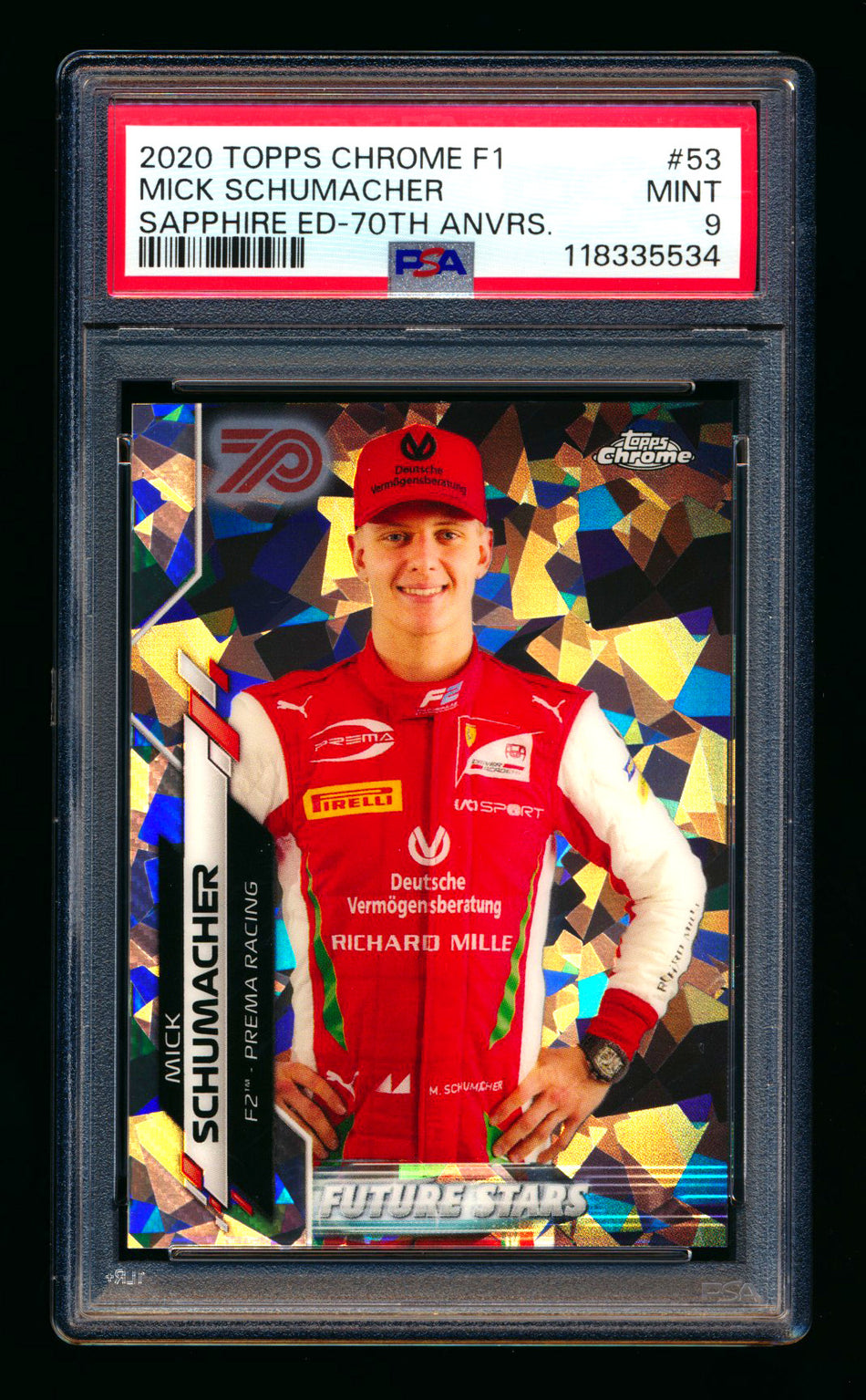 2020 Topps Chrome Sapphire F1 #53 Mick Schumacher RC 70th Silver Refractor #64/70 PSA 9