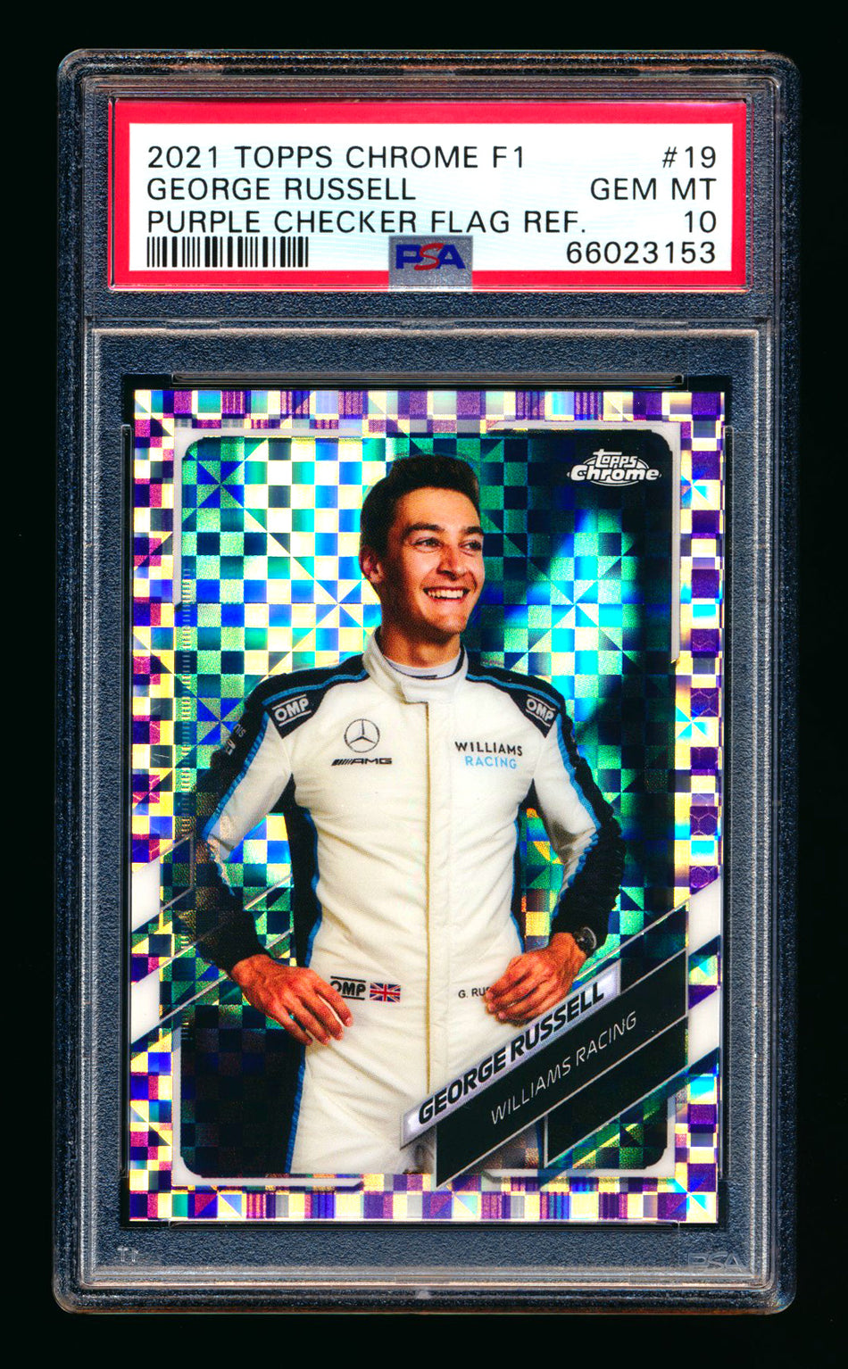 2021 Topps Chrome F1 #19 George Russell Purple Checker Flag Refractor Portrait #013/199 PSA 10 ** (SOLD eBay - $59.00 - 11/14/2025) **