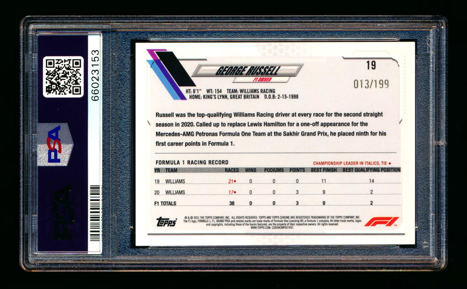 2021 Topps Chrome F1 #19 George Russell Purple Checker Flag Refractor Portrait #013/199 PSA 10 ** (SOLD eBay - $59.00 - 11/14/2025) **