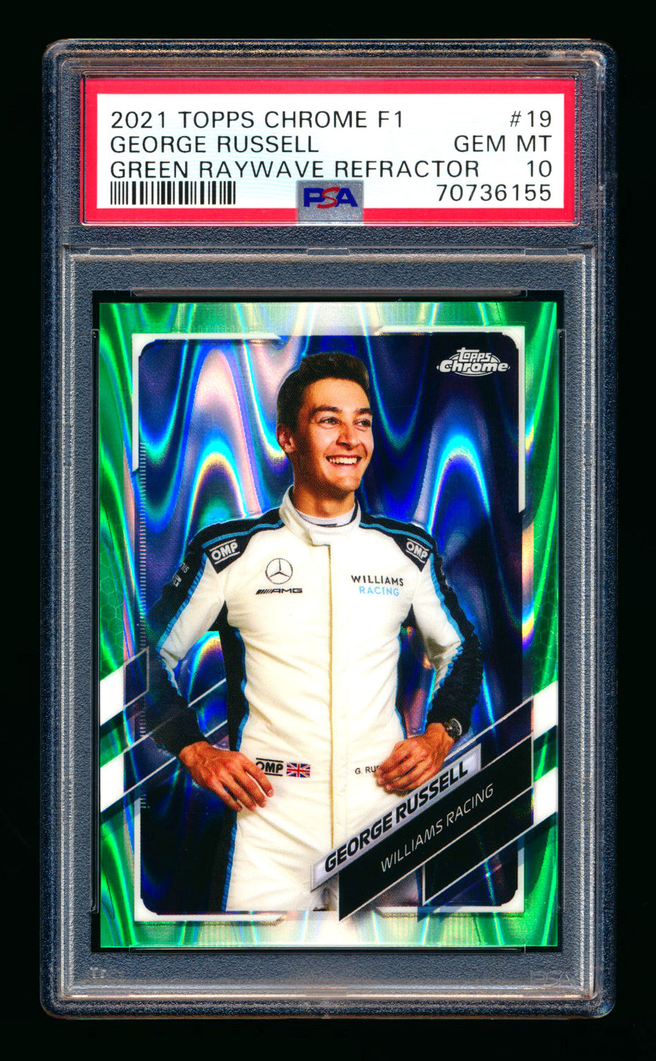 2021 Topps Chrome F1 #19 George Russell Green Raywave Refractor Portrait #46/99 PSA 10 ** (SOLD eBay - $69.00 - 11/14/2025) **