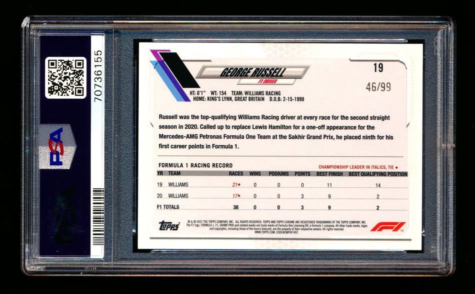 2021 Topps Chrome F1 #19 George Russell Green Raywave Refractor Portrait #46/99 PSA 10 ** (SOLD eBay - $69.00 - 11/14/2025) **