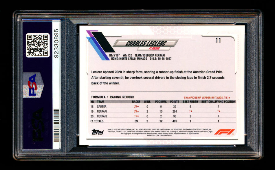 2021 Topps Chrome F1 #11 Charles Leclerc Orange/Red Refractor Portrait PSA 10