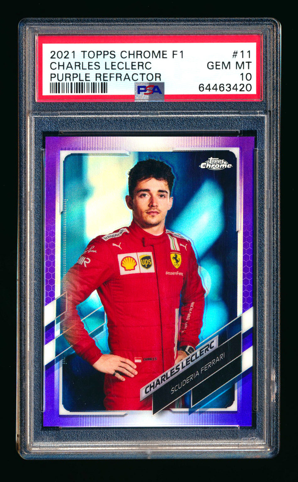 2021 Topps Chrome F1 #11 Charles Leclerc Purple Refractor Portrait #047/399 PSA 10 ** (SOLD eBay - $59.00 - 12/2/2025) **