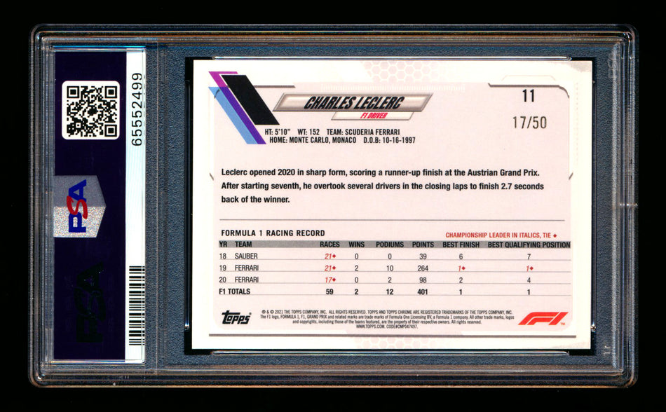 2021 Topps Chrome F1 #11 Charles Leclerc Gold Refractor Portrait #17/50 PSA 9  ** (SOLD - $100.00 - 3/27/2026) **