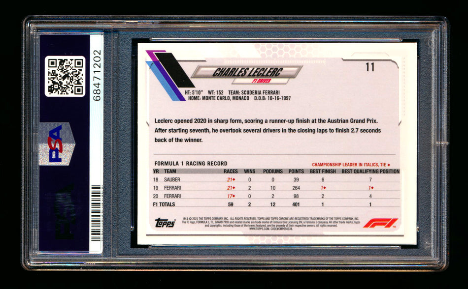 2021 Topps Chrome Sapphire F1 #11 Charles Leclerc Refractor Portrait PSA 10 ** (SOLD eBay - $79.00 - 4/21/2026) **