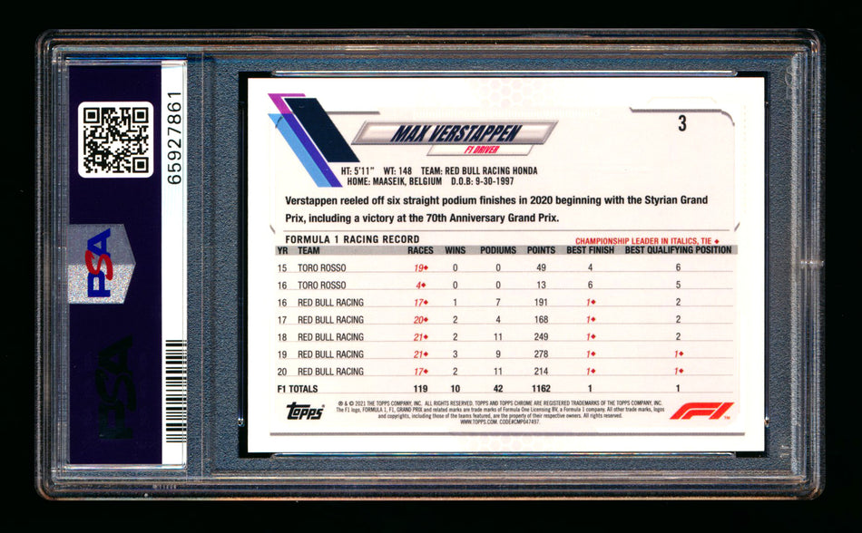 2021 Topps Chrome F1 #3 Max Verstappen Portrait PSA 10 ** (SOLD eBay - $59.00 - 11/27/2025) **