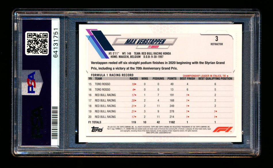 2021 Topps Chrome F1 #3 Max Verstappen Refractor Portrait PSA 10** (SOLD eBay - $119.00 - 5/28/2026) **