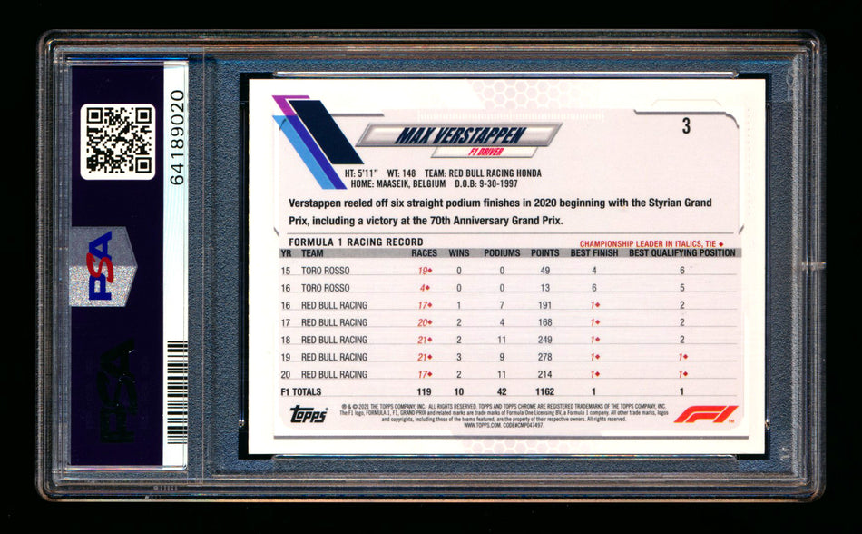 2021 Topps Chrome F1 #3 Max Verstappen Checker Flag Refractor Portrait PSA 10