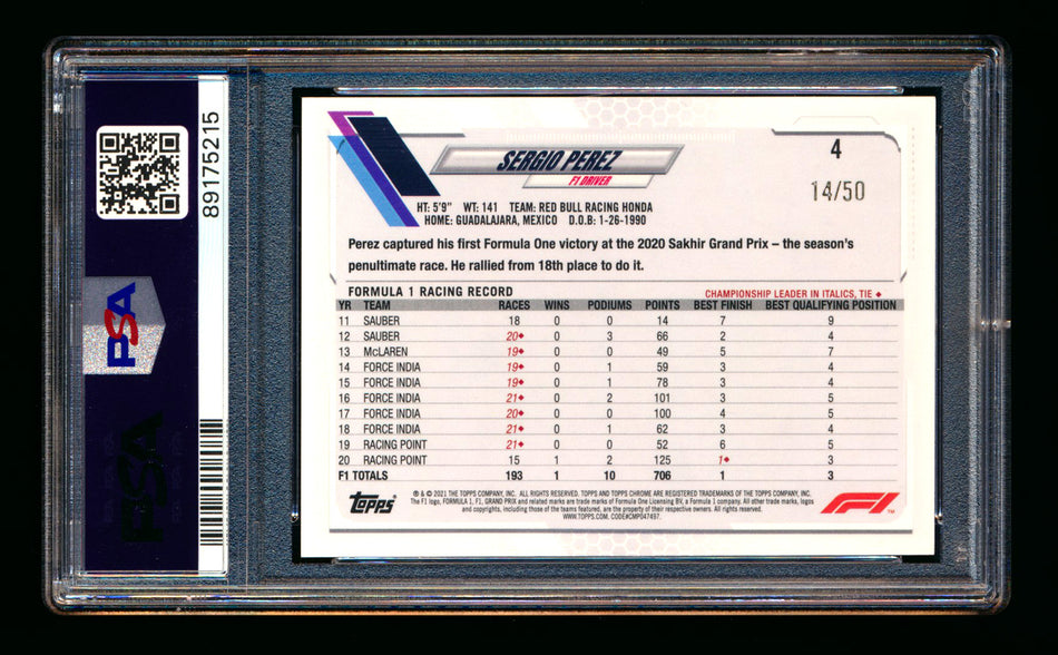2021 Topps Chrome F1 #4 Segio Perez Gold Refractor Portrait #14/50 PSA 10