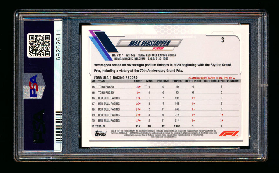 2021 Topps Chrome F1 #3 Max Verstappen Gold/Purple Refractor Portrait PSA 10