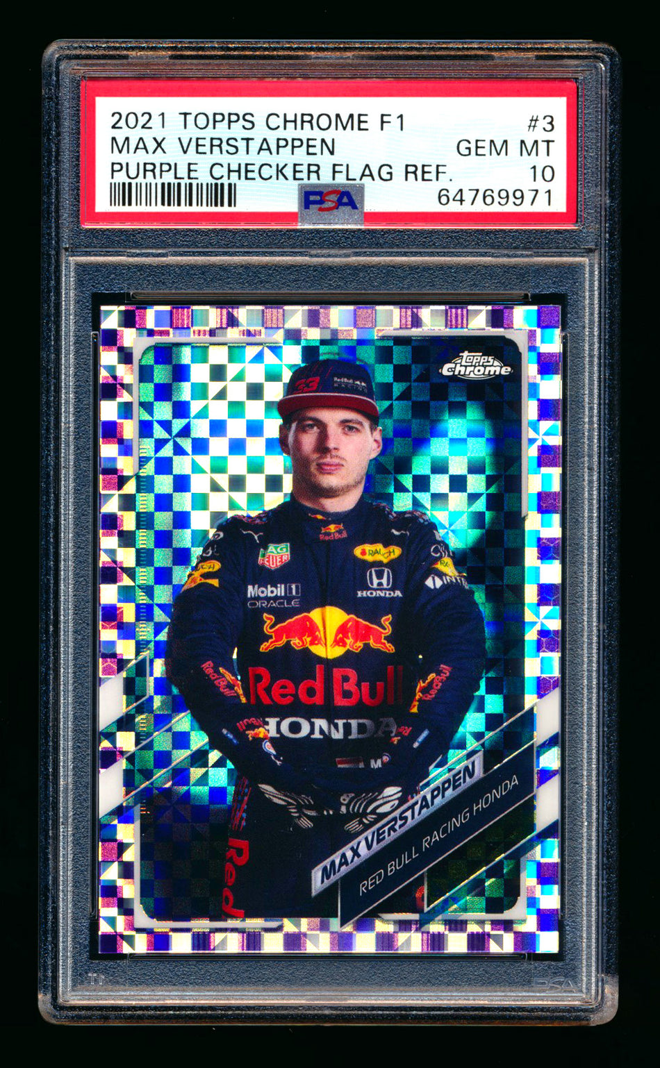 2021 Topps Chrome F1 #3 Max Verstappen Purple Checker Flag Refractor Portrait #041/199 PSA 10