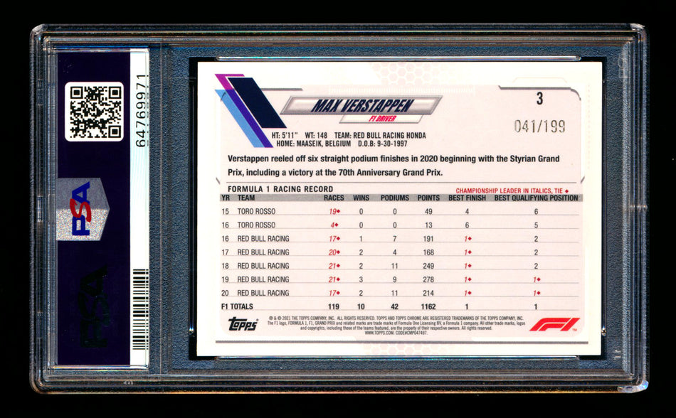2021 Topps Chrome F1 #3 Max Verstappen Purple Checker Flag Refractor Portrait #041/199 PSA 10