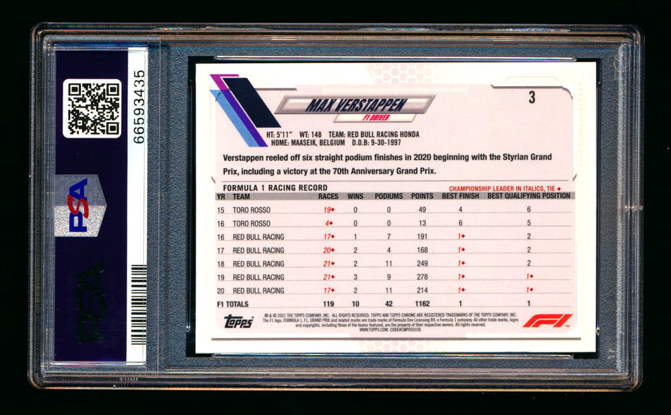 2021 Topps Chrome Sapphire F1 #3 Max Verstappen Refractor Portrait PSA 10 ** (SOLD eBay - $109.00 - 11/15/2025) **