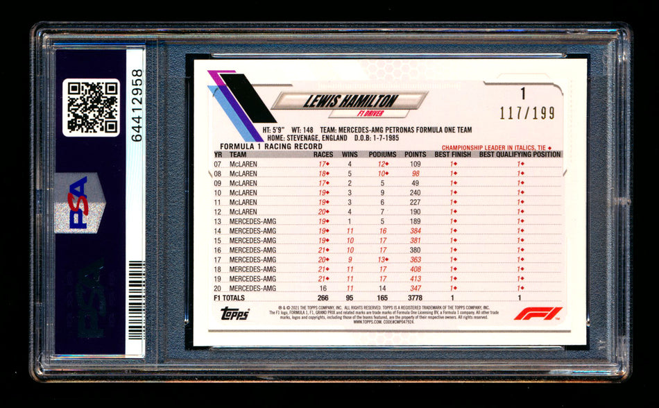 2021 Topps F1 #1 Lewis Hamilton Aqua Portrait #117/199 PSA 9 ** (SOLD eBay - $39.00 - 11/19/2025) **